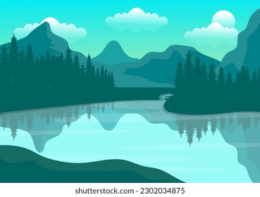 Nature Landscape Vector Illustration with Mountain, Lake, Green Meadow in Flat Cartoon Hand Drawn Landing Page Scenery Background Templates