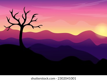 Nature Landscape Vector Illustration with Mountain, Lake, Green Meadow in Flat Cartoon Hand Drawn Landing Page Scenery Background Templates