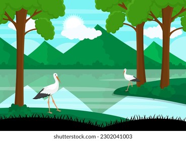 Vector paisajístico de la naturaleza Ilustración con montaña, lago, prado verde en caricatura plana mano Dibujar plantillas de fondo de la página de aterrizaje