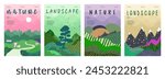 Nature and landscape. Vector illustration of mountains, trees, plants, fields and animals. For prints, cover or card designs, art decoration.