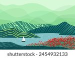 Nature and landscape. Vector illustration of mountains, trees, plants, fields and farms. For prints, cover or card designs, art decoration.