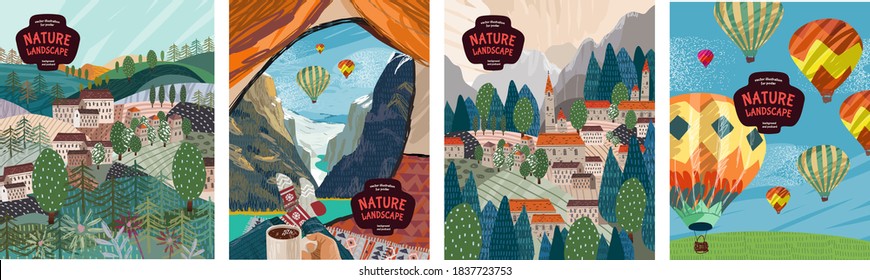 Nature landscape  Vector illustration nature  mountains  villages  travel in tent  architecture   balloons  Drawings for poster  postcard background
 
