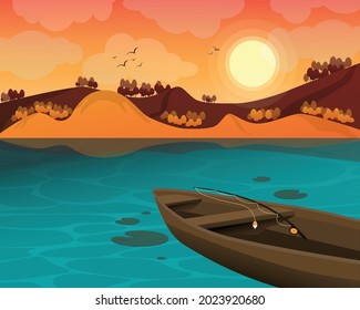 Ilustración vectorial del paisaje natural. Montañas, lago, barco al atardecer. Paisaje vectorial otoñal adecuado para el fondo del tema infantil. Eps 10.