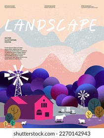 Naturaleza y paisaje. Ilustración vectorial de montañas, árboles, plantas, campos y granjas. Trabajo editable para diseños de portada o tarjetas.