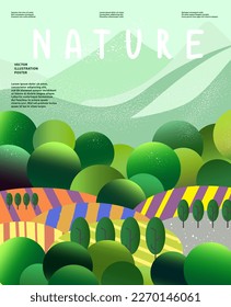 Nature and landscape. Vector illustration of mountains, Trees, plants, fields and farms. Editable work for cover or card designs.