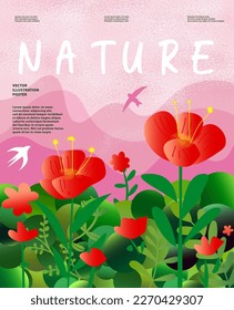 Nature and landscape. Vector illustration of mountains, Trees, plants, fields and farms. Editable work for cover or card designs.