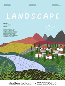 Natur und Landschaft. Vektorgrafik von Bergen, Bäumen, Pflanzen, Feldern und Bauernhöfen. Bearbeitbare Arbeit für Cover- oder Kartendesigns.