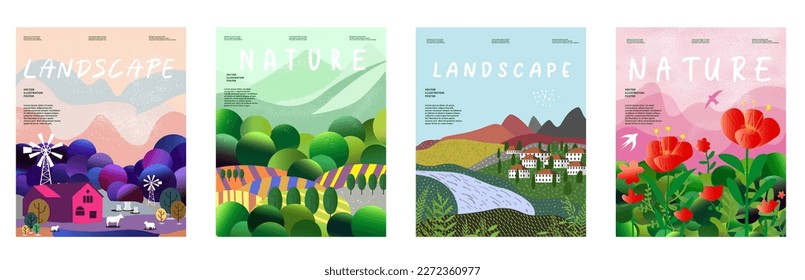 Nature and landscape. Vector illustration of mountains, Trees, plants, fields and farms. Editable work for cover or card designs.