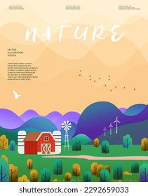 Naturaleza y paisaje. Ilustración vectorial de montañas, árboles, plantas, campos y granjas. Trabajo editable para diseños de portada o tarjetas.