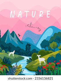 Natur und Landschaft. Vektorgrafik von Bergen, Bäumen, Pflanzen, Feldern und Bauernhöfen. Für Drucke, Cover- oder Kartendesigns, Kunstdekoration.