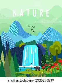 Nature and landscape. Vector illustration of mountains, trees, plants, fields and farms. For prints, cover or card designs, art decoration.