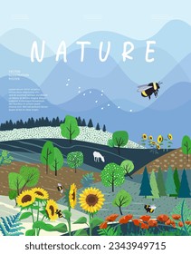Nature and landscape. Vector illustration of mountains, trees, plants, fields and farms. For prints, cover or card designs, art decoration.
