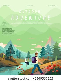 Nature and landscape. Vector illustration of mountains, trees, plants, fields and farms. For prints, cover or card designs, art decoration.