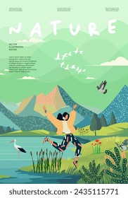 nature and landscape. Vector illustration of mountains, trees, plants, fields and animals. For prints, cover or card designs, art decoration.