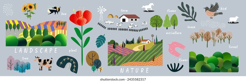 Nature and landscape. Vector illustration of mountains, trees, plants, fields and farms. For prints, cover or card designs, art decoration.