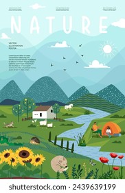 Naturaleza y paisaje. Ilustración vectorial de montañas, árboles, plantas, campos y granjas. Para estampados, diseños de carátulas o carátulas, decoración de arte.