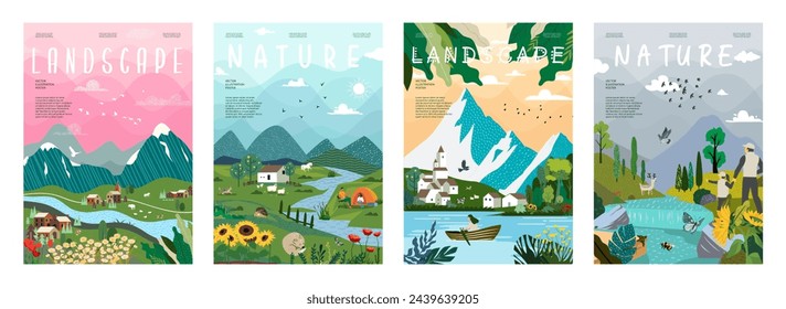 Nature and landscape. Vector illustration of mountains, trees, plants, fields and farms. For prints, cover or card designs, art decoration.