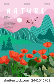 Nature and landscape. Vector illustration of mountains, Trees, plants, fields and farms. Editable work for cover or card designs.