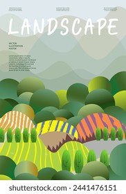 Nature and landscape. Vector illustration of mountains, Trees, plants, fields and farms. Editable work for cover or card designs.
