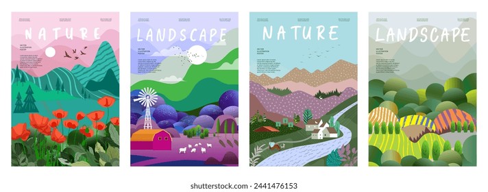 Naturaleza y paisaje. Ilustración vectorial de montañas, árboles, plantas, campos y granjas. Trabajo editable para diseños de portada o tarjeta.