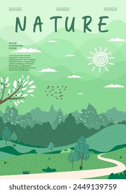 Natur und Landschaft. Vektorillustration von Bergen, Bäumen, Pflanzen, Feldern und Bauernhöfen. Editierbare Arbeit für Cover- oder Kartendesigns.