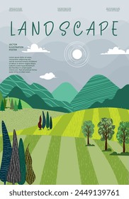 Nature and landscape. Vector illustration of mountains, Trees, plants, fields and farms. Editable work for cover or card designs.