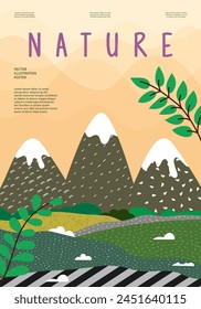 Nature and landscape. Vector illustration of mountains, Trees, plants, fields and farms. Editable work for cover or card designs.
