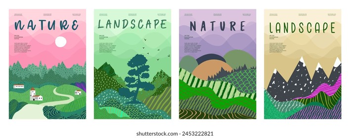 Nature and landscape. Vector illustration of mountains, trees, plants, fields and animals. For prints, cover or card designs, art decoration.