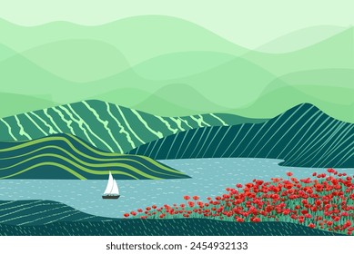 Naturaleza y paisaje. Ilustración vectorial de montañas, árboles, plantas, campos y granjas. Para estampados, diseños de carátulas o carátulas, decoración de arte.