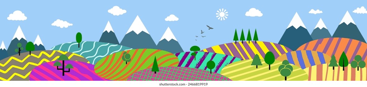 nature and landscape. Vector illustration of mountains, trees, plants, fields. For prints, cover or card designs, art decoration.