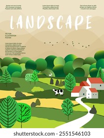 Nature and landscape. Vector illustration of mountains, trees, plants, fields and farms. For prints, cover or card designs, art decoration.
