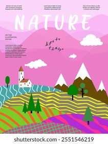 Nature and landscape. Vector illustration of mountains, trees, plants, fields and farms. For prints, cover or card designs, art decoration.
