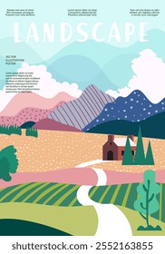 Nature and landscape. Vector illustration of mountains, trees, plants, fields and farms. For prints, cover or card designs, art decoration.