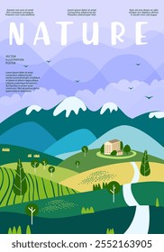 nature and landscape. Vector illustration of mountains, trees, plants, fields and animals. For prints, cover or card designs, art decoration.