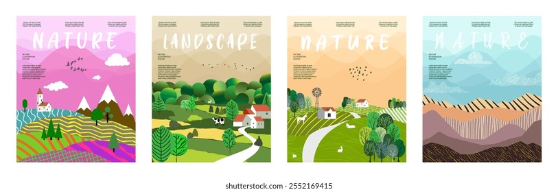 Nature and landscape. Vector illustration of mountains, trees, plants, fields and farms. For prints, cover or card designs, art decoration.