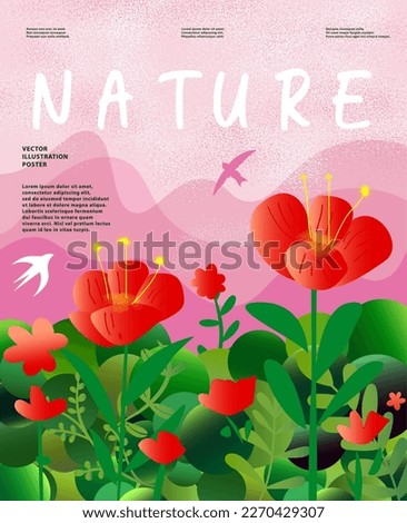 Nature and landscape. Vector illustration of mountains, Trees, plants, fields and farms. Editable work for cover or card designs.