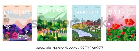 Nature and landscape. Vector illustration of mountains, Trees, plants, fields and farms. Editable work for cover or card designs. Foto stock © 