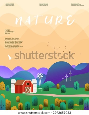 Nature and landscape. Vector illustration of mountains, Trees, plants, fields and farms. Editable work for cover or card designs.
