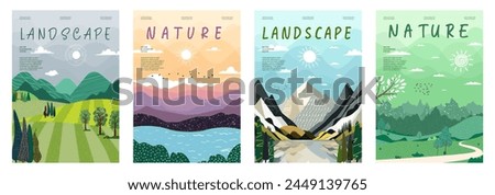 Nature and landscape. Vector illustration of mountains, Trees, plants, fields and farms. Editable work for cover or card designs.