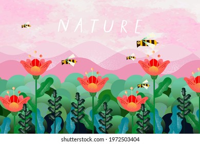 Nature and landscape. Vector illustration of trees, forest, mountains, flowers, bee, plants,  field. Picture for background, card or cover