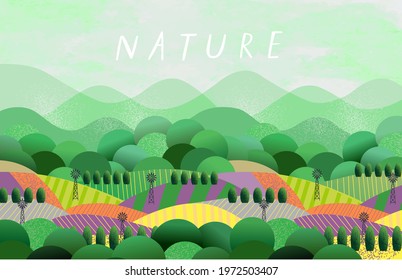 Nature and landscape. Vector illustration of trees, forest, mountains, flowers, plants, houses, fields, farms and villages. Picture for background, card or cover