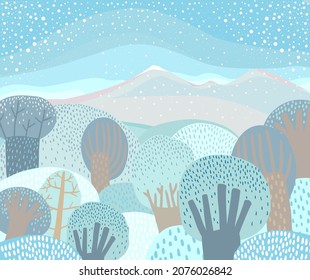 Nature and landscape. Vector illustration of trees, forest, mountains. Picture for background, card or cover.