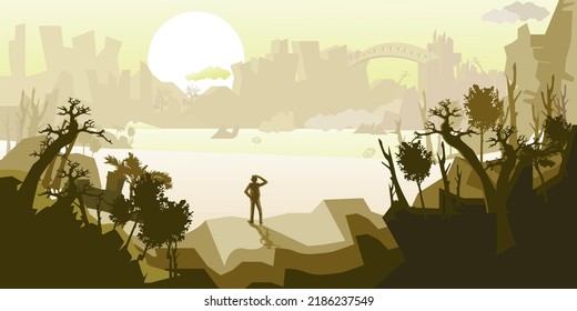 Naturaleza y paisaje. Ilustración vectorial de árboles, bosques, montañas, fortaleza, campos y desierto. Imagen para fondo, tarjeta o cubierta
