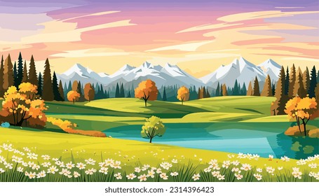 Nature and landscape. Vector illustration of trees, forest, mountains, flowers, plants, field. Picture for background, postcard or cover. spring season background