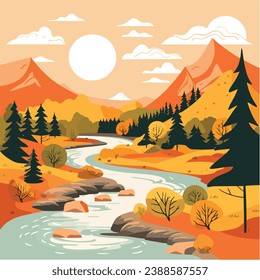Nature and Landscape. Vector illustration of trees, forests, mountains, flowers, plants, houses, fields, farms, and villages. Picture perfect for background, card, or cover.