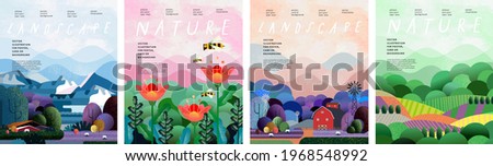 Nature and landscape. Vector illustration of trees, forest, mountains, flowers, plants, houses, fields, farms and villages. Picture for background, card or cover Foto stock © 