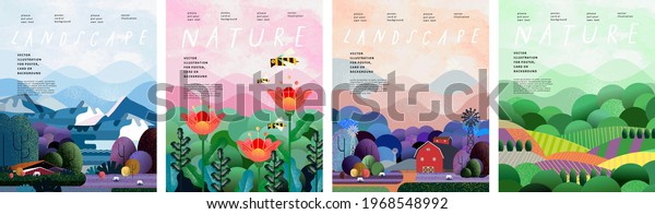 Nature and landscape. Vector\
illustration of trees, forest, mountains, flowers, plants, houses,\
fields, farms and villages. Picture for background, card or\
cover