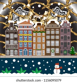 Nature landscape. Vector illustration. Winter city with trees, cute houses. Landscape with nature and houses. Holidays Vector illustration. Winter is coming. Over a background.