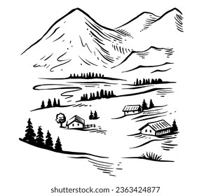 nature landscape vector ink hand drawn with mountains.