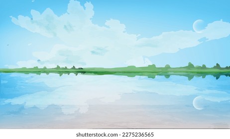 Nature landscape vector. Lake panorama with watercolor texture. Mae tam reservoir illustration, Thailand.